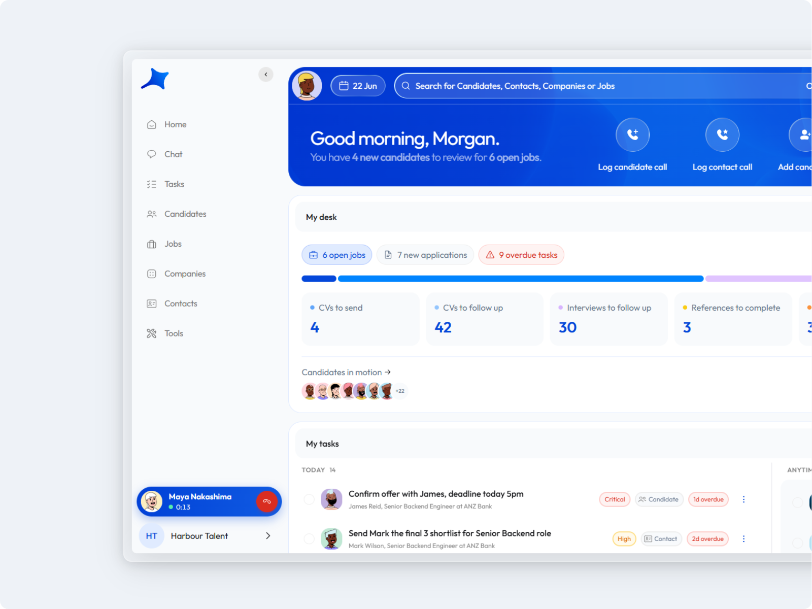 Caliber's recruitment workspace, showing tasks, jobs and candidate activity