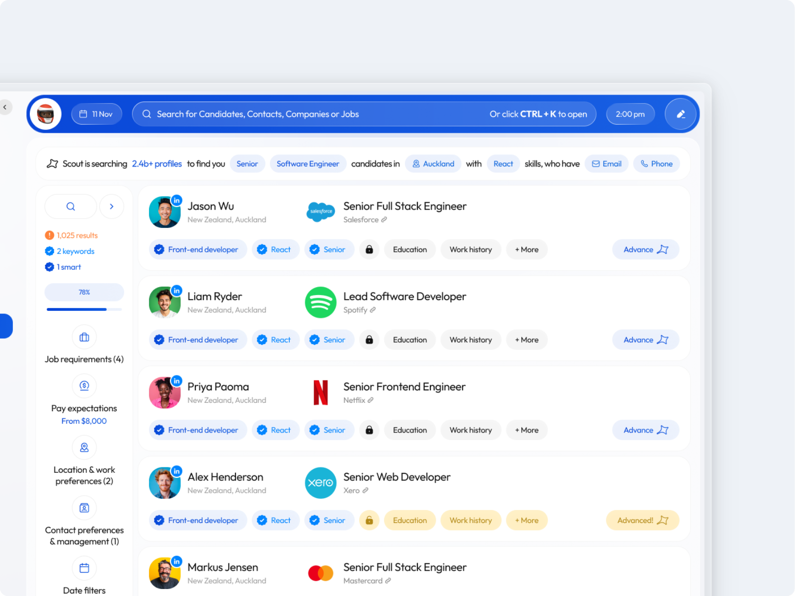Caliber Scout displaying candidate matches for a recruitment search